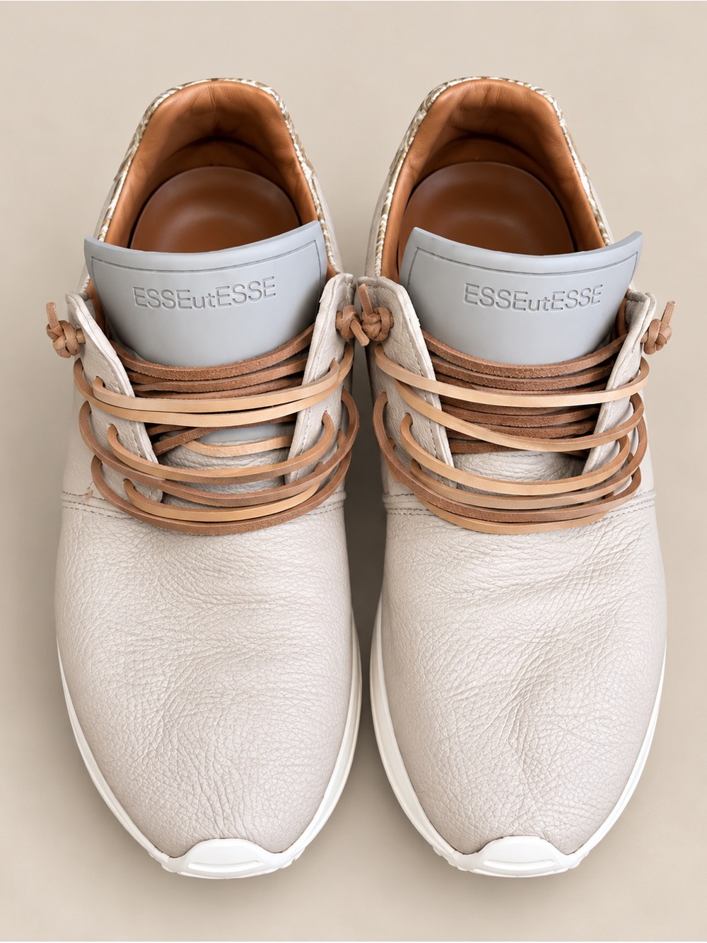 ESSEutESSE Cream Leather Fringe Sneakers with Metallic Gold Detail